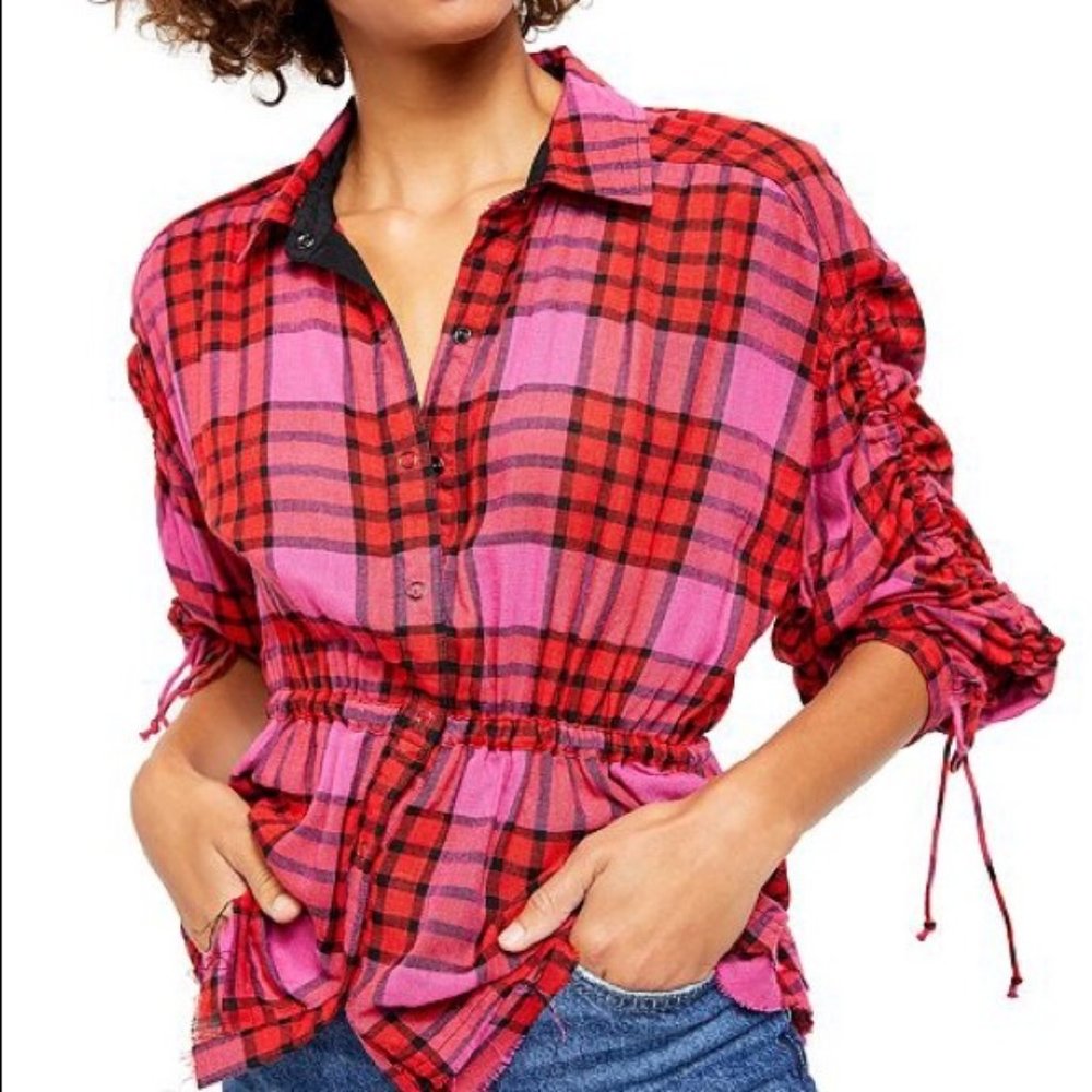 Free People "We The Free" Pacific Dawn Plaid Shirt, Red Combo